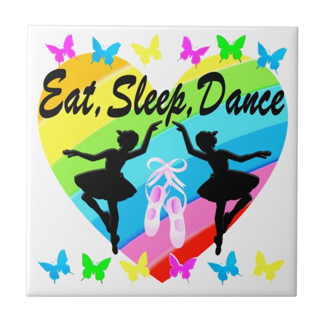 EAT, SLEEP, DANCE RAINBOW HEART AND BUTTERFLIES TILE (Front)