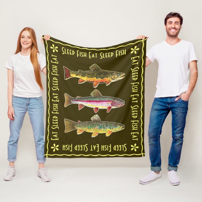 Eat Sleep Fish. Big TROUT! Fisher's Beautiful Fleece Blanket (In Situ)