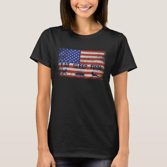 EAT SLEEP FISH Patriotic USA American Flag men & w T-Shirt (Front)