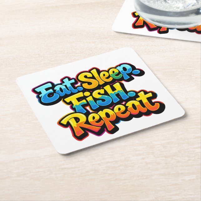 Eat Sleep Fish Repeat Rainbow Square Paper Coaster (Angled)
