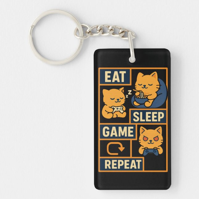 Eat Sleep Game Repeat – Cute Gamer Cat  Key Ring (Front)