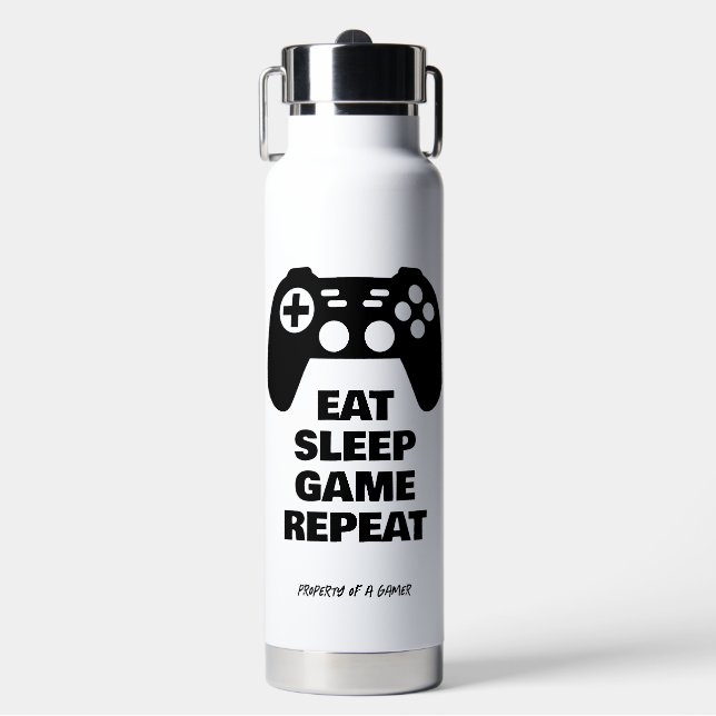 Eat Sleep Game Repeat funny water bottle for gamer (Front)