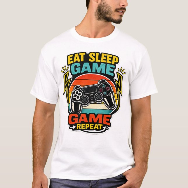 Eat Sleep Game Repeat Retro Controller T-Shirt (Front)