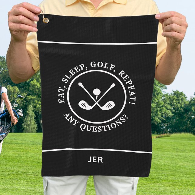 Eat Sleep Golf Repeat Quote Black Monogram Towel (Golfer Black & White Modern Sports Pro Equipment Custom Monogram Golf Towel For Him or For Her)
