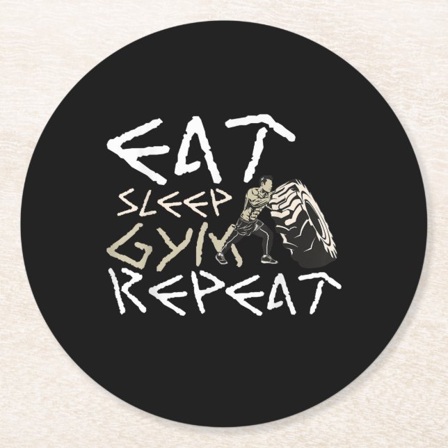 Eat Sleep Gym Repeat Funny Quote Round Paper Coaster (Front)