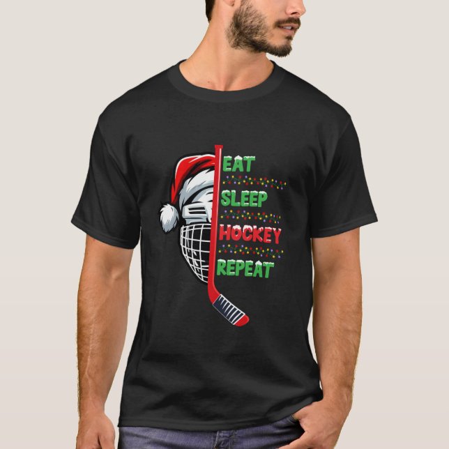 Eat Sleep Hockey Repeat Christmas Santa Hat Lights T-Shirt (Front)