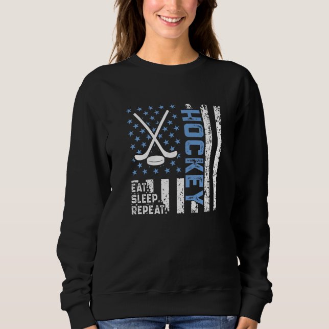 Eat Sleep Hockey Repeat US Flag Retro Funny Hockey Sweatshirt (Front)