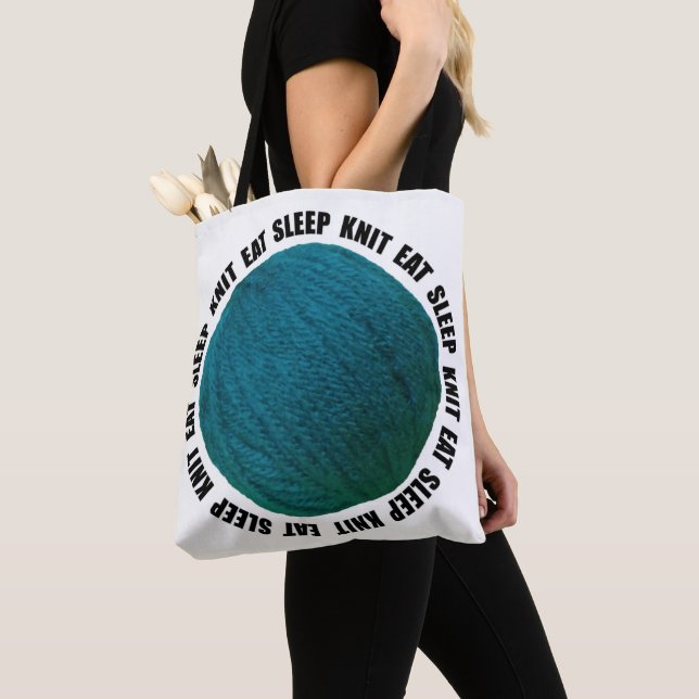 Eat Sleep Knit Bold Yarn Ball Teal Crafts Tote Bag (Close Up)