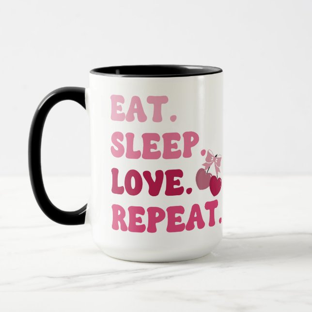 Eat Sleep Love Repeat Valentine's Day Cherry Heart Mug (Left)