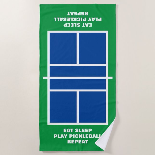 Eat sleep pickleball repeat funny blue green court beach towel (Front)