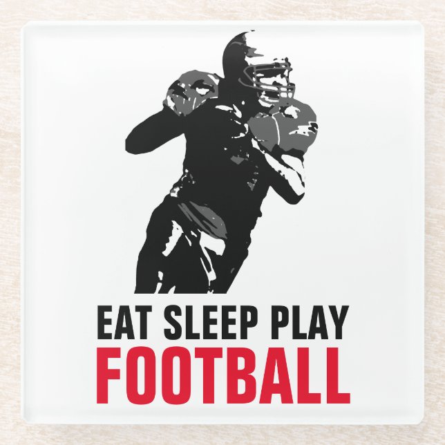 Eat Sleep Play Black & White Football Pop Art Glass Coaster (Front)