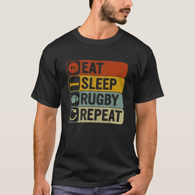 Eat Sleep Rugby Repeat Retro 60s 70s Cool Rugby   T-Shirt (Front)