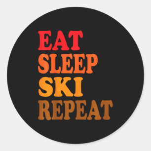 Eat sleep ski repeat winter mountains skiing lodge classic round sticker