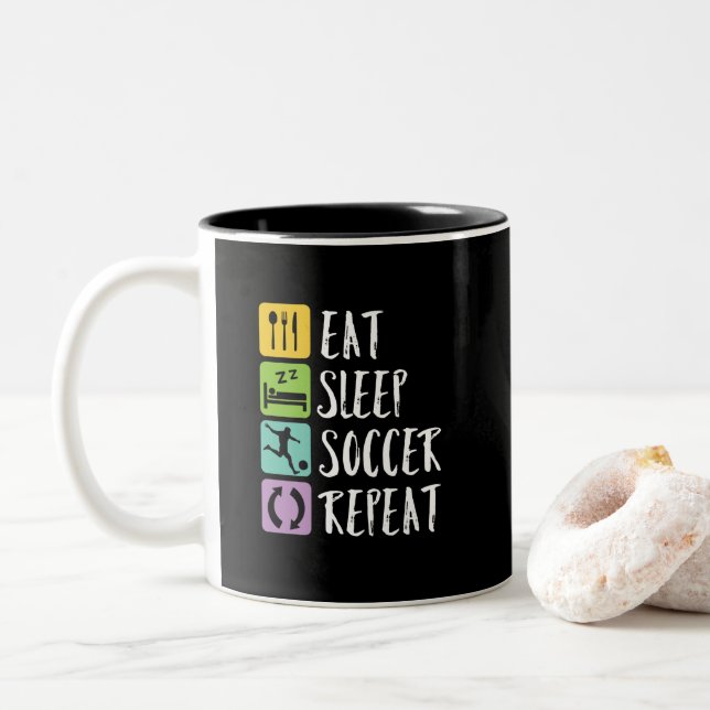 Eat Sleep Soccer Repeat Player Coach Sports Fan Two-Tone Coffee Mug (With Donut)
