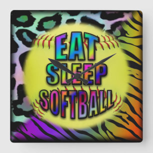 Eat Sleep Softball Wild Animal Print Square Wall Clock