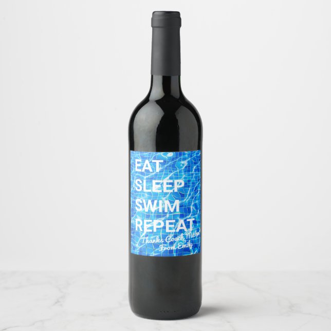 Eat Sleep Swim Repeat Swimming Personalised Thanks Wine Label (Front)
