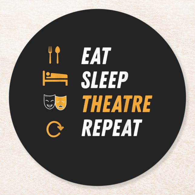 Eat Sleep Theatre Repeat Round Paper Coaster (Front)
