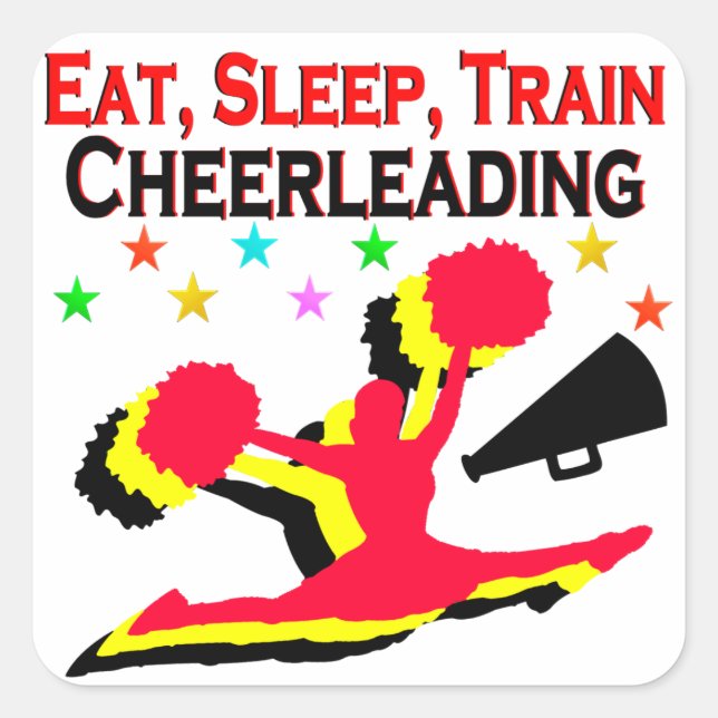 EAT, SLEEP TRAIN CHEERLEADING RED DESIGN SQUARE STICKER (Front)