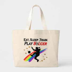 EAT, SLEEP TRAIN PLAY SOCCER ALL DAY LONG LARGE TOTE BAG