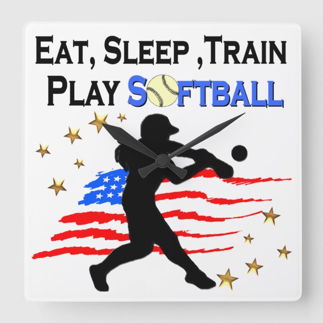 EAT, SLEEP, TRAIN PLAY SOFTBALL PATRIOTIC DESIGN SQUARE WALL CLOCK (Front)