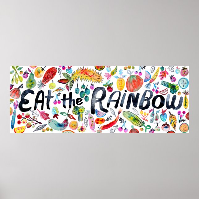 Eat the Rainbow Colourful Watercolor Fruit Veggies Poster (Front)