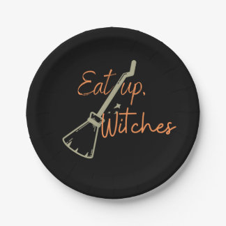 Eat Up Witches Broomstick Black Halloween Party Paper Plate