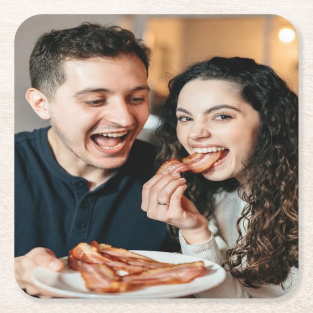 Eating Bacon Photo Customize Personalize Square Paper Coaster (Front)