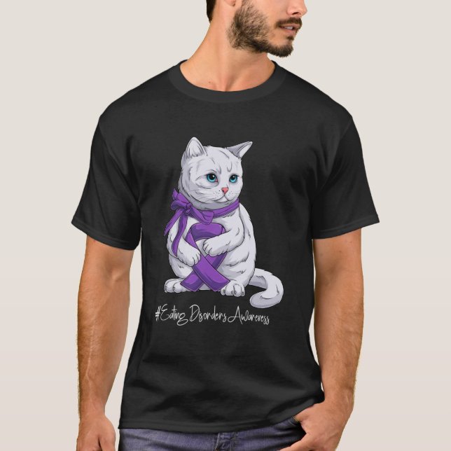 Eating Disorders Awareness Month Purple Ribbon Cat T-Shirt (Front)