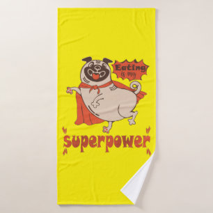 Eating is my superpower red cloak pug comic style bath towel