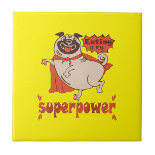 Eating is my superpower red cloak pug comic style ceramic tile