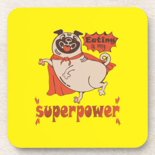 Eating is my superpower red cloak pug comic style coaster