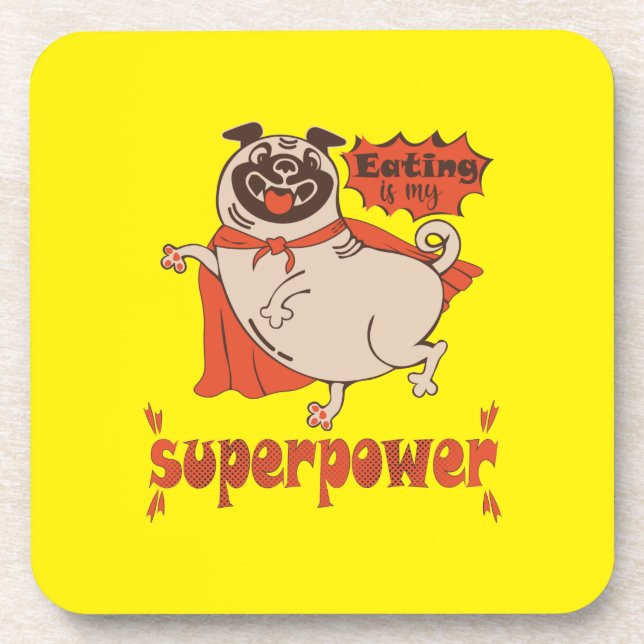 Eating is my superpower red cloak pug comic style  coaster (Front)