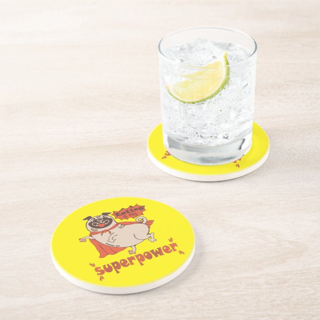 Eating is my superpower red cloak pug comic style  coaster (Side)