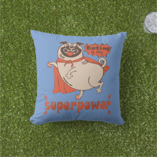 Eating is my superpower red cloak pug comic style cushion