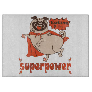 Eating is my superpower red cloak pug comic style cutting board