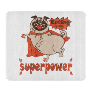 Eating is my superpower red cloak pug comic style cutting board
