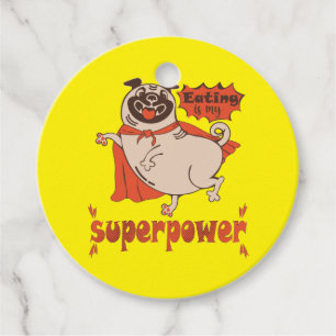 Eating is my superpower red cloak pug comic style favour tags