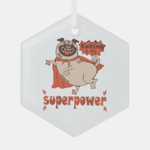 Eating is my superpower red cloak pug comic style glass tree decoration