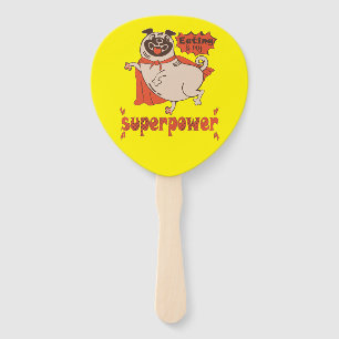 Eating is my superpower red cloak pug comic style hand fan