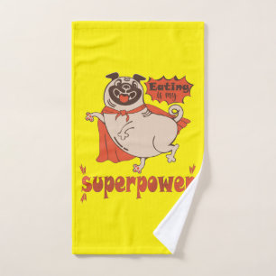 Eating is my superpower red cloak pug comic style hand towel