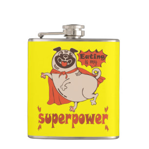Eating is my superpower red cloak pug comic style hip flask
