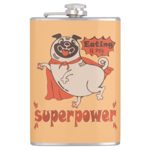 Eating is my superpower red cloak pug comic style hip flask