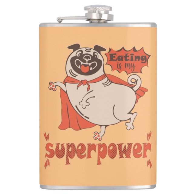 Eating is my superpower red cloak pug comic style  hip flask (Front)