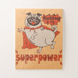 Eating is my superpower red cloak pug comic style jigsaw puzzle
