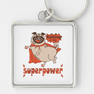 Eating is my superpower red cloak pug comic style key ring