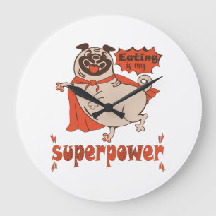 Eating is my superpower red cloak pug comic style  large clock