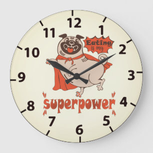 Eating is my superpower red cloak pug comic style large clock