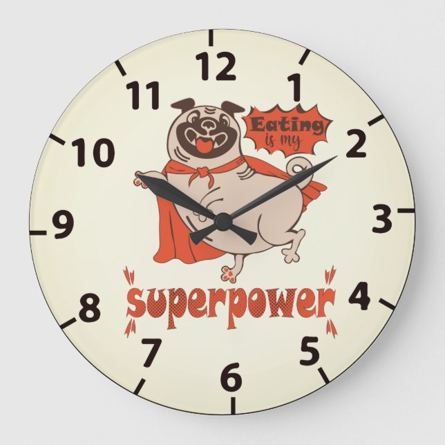 Eating is my superpower red cloak pug comic style  large clock (Front)
