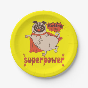 Eating is my superpower red cloak pug comic style paper plate