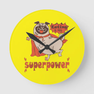 Eating is my superpower red cloak pug comic style  round clock